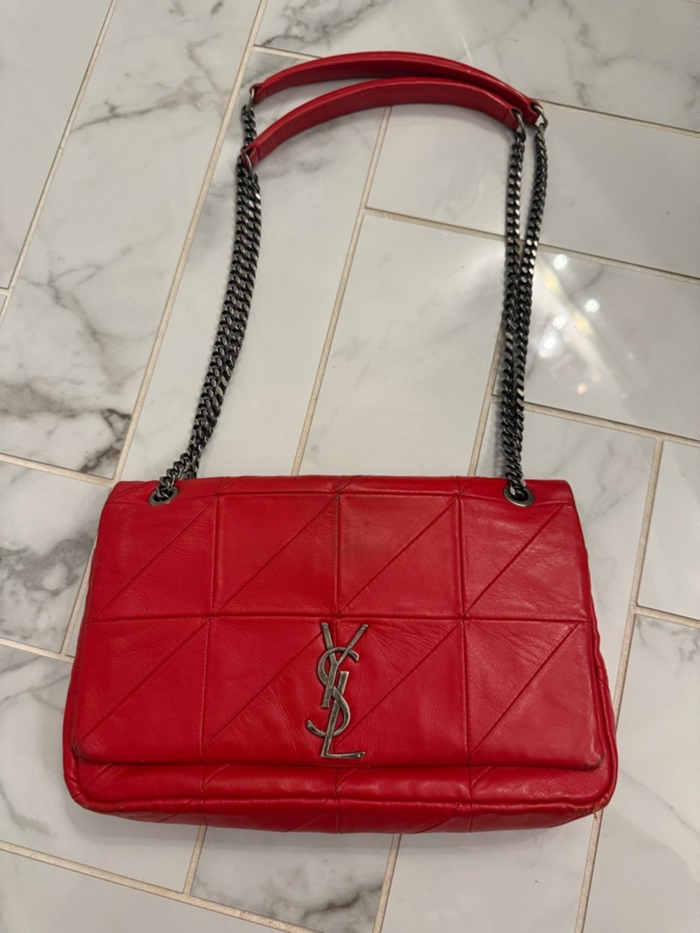 Saint Laurent Red Quilted Leather Shoulder Bag with Gunmetal Chain